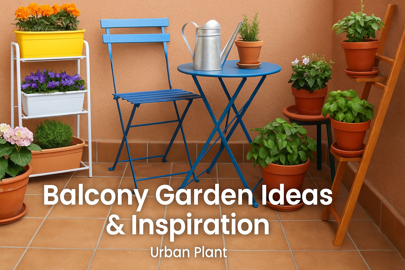 Balcony garden ideas and inspiration – Urban Plant-designed cozy garden with tiered stands, vibrant pots, folding furniture, and blooming plants on terracotta tiles.